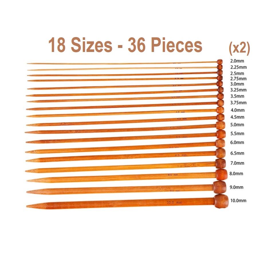 SINGLE POINTED KNITTING NEEDLES – BAMBOO - 36 PIECE SET